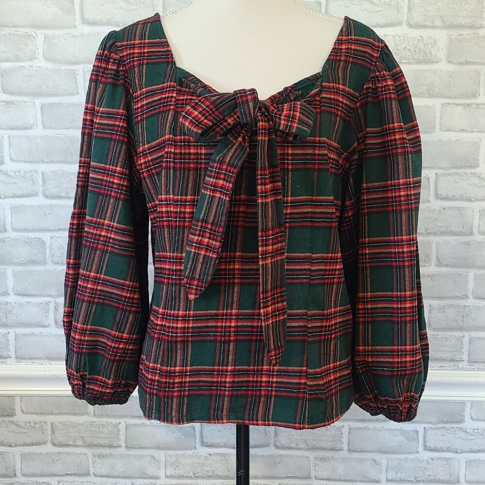 Plaid Bow-Front Long Sleeve Top - Red & Green